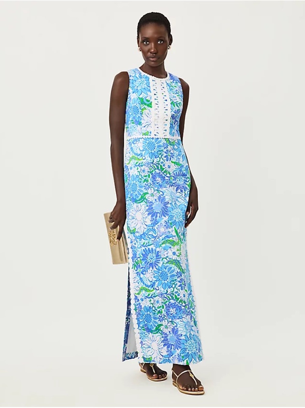 Sold Out NWOT Blue Floral Sleeveless Maxi Dress with Lace Trim